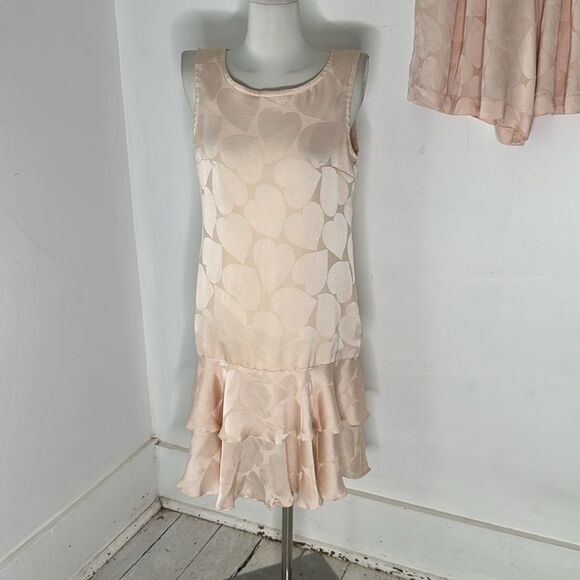 Vintage 80s Embossed Heart Print Silk Dress And Shorts Set - Picture 2 of 6